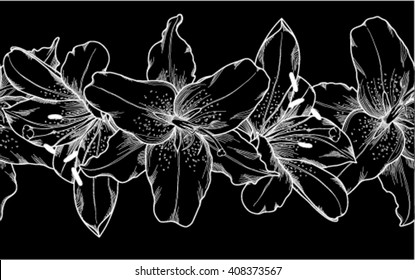 Beautiful black and white seamless horizontal frame element of lily flowers. design for greeting card and invitation of the wedding, birthday, Valentine's Day, mother's day and other seasonal holiday