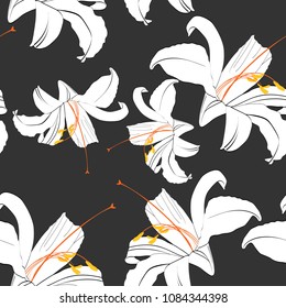 Beautiful black and white seamless pattern with lilies. Hand-drawn contour lines. design greeting card and invitation of the birthday, Valentine's Day, mother's day, other holiday. Black background.