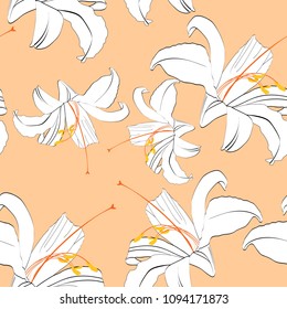 Beautiful black and white seamless pattern with lilies. Hand-drawn contour lines. design greeting card and invitation of the birthday, Valentine's Day, mother's day, other holiday. Orange background.
