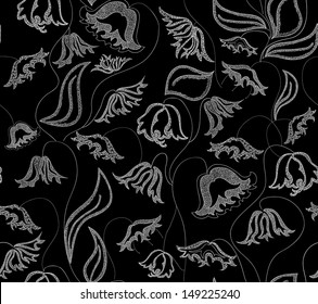 Beautiful black and white seamless pattern with bell flowers and leaves