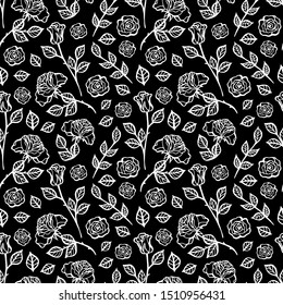beautiful black and white seamless pattern in roses with contours. Hand-drawn contour lines and strokes. Perfect for background greeting cards and invitations of the wedding, birthday, Valentine's Day