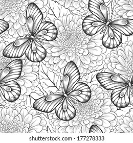 beautiful black and white seamless pattern with flowers and butterflies. Hand-drawn contour lines and strokes. Perfect for background greeting cards and invitations of the wedding, birthday