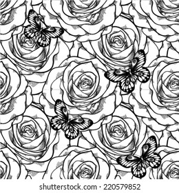 beautiful black and white seamless pattern in roses with contours. Hand-drawn contour lines and strokes. Perfect for background greeting cards and invitations of the wedding, birthday, Valentine's Day