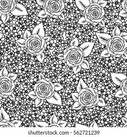 beautiful black and white seamless pattern roses with little flowers. Hand-drawn contour lines and strokes. Sketch engraving style monochrome flowers and leaves. Intricate romantic background.
