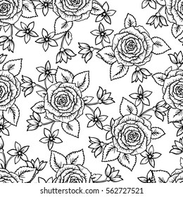 beautiful black and white seamless pattern roses with little lily flowers. Hand-drawn contour lines and strokes. Sketch engraving style monochrome flowers and leaves. Intricate romantic background.