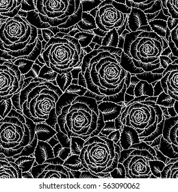 beautiful black and white seamless pattern roses with outlines. Hand-drawn contour lines and strokes. Sketch engraving style monochrome flowers and leaves. Intricate romantic background, decoration.