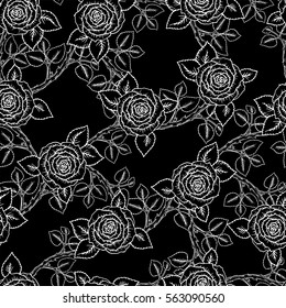beautiful black and white seamless pattern roses with outlines. Hand-drawn contour lines and strokes. Sketch engraving style monochrome flowers and leaves. Intricate romantic background, decoration.
