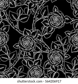 beautiful black and white seamless pattern roses with outlines. Hand-drawn contour lines and strokes. Sketch engraving style monochrome flowers and leaves. Intricate romantic background, decoration.