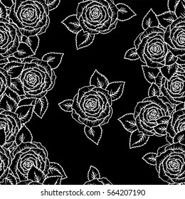beautiful black and white seamless pattern roses with outlines. Hand-drawn contour lines and strokes. Sketch engraving style monochrome flowers and leaves. Intricate romantic background, decoration.