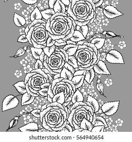 beautiful black and white seamless pattern roses with little flowers. Hand-drawn contour lines and strokes. Sketch engraving style monochrome flowers and leaves. Intricate romantic background on gray.