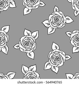 beautiful black and white seamless pattern with garden roses. Hand-drawn contour lines and strokes. Sketch engraving style monochrome flowers and leaves. Intricate romantic background on gray.