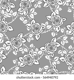 beautiful black and white seamless pattern with garden roses. Hand-drawn contour lines and strokes. Sketch engraving style monochrome flowers and leaves. Intricate romantic background on gray.