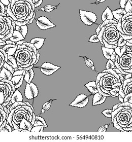 beautiful black and white seamless pattern with garden roses. Hand-drawn contour lines and strokes. Sketch engraving style monochrome flowers and leaves. Intricate romantic background on gray.