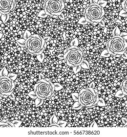 beautiful black and white seamless pattern roses with little flowers. Hand-drawn contour lines and strokes. Sketch engraving style monochrome flowers and leaves. Intricate romantic background.