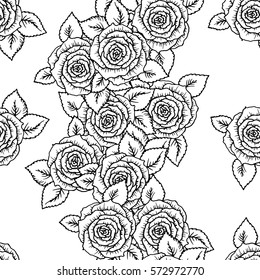 beautiful black and white seamless pattern roses with outlines. Hand-drawn contour lines and strokes. Sketch engraving style monochrome flowers and leaves. Intricate romantic background, decoration.