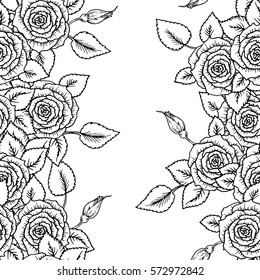 beautiful black and white seamless pattern roses with outlines. Hand-drawn contour lines and strokes. Sketch engraving style monochrome flowers and leaves. Intricate romantic background, decoration.