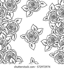 beautiful black and white seamless pattern roses with outlines. Hand-drawn contour lines and strokes. Sketch engraving style monochrome flowers and leaves. Intricate romantic background, decoration.