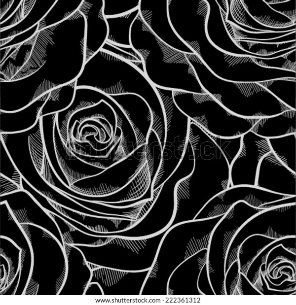 beautiful black and white seamless pattern in roses with contours. Hand-drawn contour lines and strokes. Perfect for background wall murals 