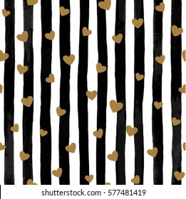 beautiful black and white seamless watercolor striped background with gold hearts. design for holiday greeting card and invitation of the wedding, Happy Valentine's day, birthday and mother's day