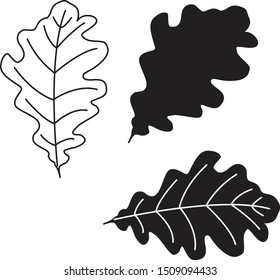 Beautiful Black And White Set Of Autumn Oak Leaves. Hand Drawn Vector Illustration. Line Art Drawing Leaf Contur.