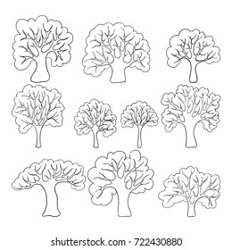Beautiful black and white set of hand drawn doodle trees Isolated sketch for design background greeting cards and invitation to the wedding, birthday, mother s day and other seasonal autumn holidays.