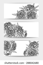 Beautiful black and white Set of horizontal banners with flowers. Hand-drawn background for greeting card and invitations of wedding, birthday, Valentine's Day, mother's day and other seasonal holiday