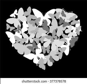 beautiful black and white silhouette heart of butterflies flying. background for design greeting card and invitation of the wedding, birthday, Valentine's Day, mother's day and other seasonal holiday