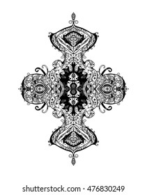 Beautiful black and white symmetrical pattern. Mandala, unique vintage item, Indian symbols. It can be used as an idea for a tattoo.