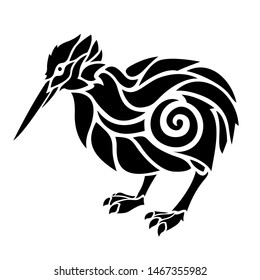 Beautiful black and white tattoo illustration with isolated stylized bird kiwi