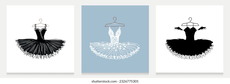 Hermoso tutu blanco y negro sobre una percha. Conjunto de ilustraciones vectoriales aisladas en fondo blanco para decorar un volante, afiche, invitación o redes sociales.