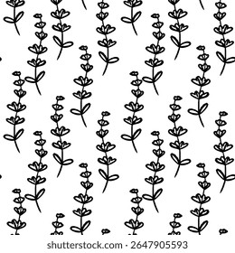 Beautiful black and white vector floral pattern with delicate flower stems on bright background.