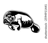Beautiful black and white vector illustration of a manatee . Perfect for tattoos, nature-themed designs, and marine wildlife lovers.