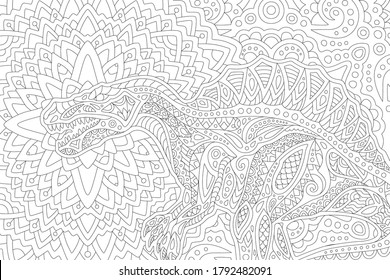 Beautiful black and white vector illustration for coloring book page with stylized spinosaurus
