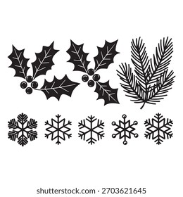 A beautiful black and white vector illustration showcasing Christmas elements like holly and snowflakes suitable for greeting cards invitations or winter themed designs