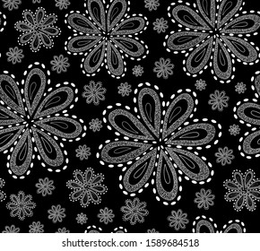 Beautiful black and white vector seamless pattern with hand drawn flowers