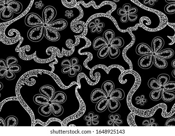 Beautiful black and white vector seamless pattern with cute handwritten flowers with ornamental figured petals