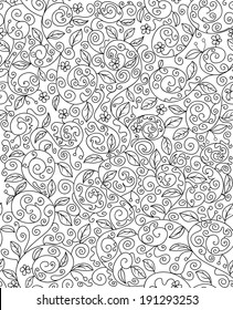 Beautiful black and white vector seamless pattern with leaves and flowers. You can use any color of background