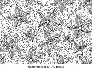 Beautiful black and white vector seamless pattern with spring flowers