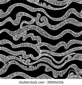 Beautiful black and white vector seamless pattern with horizontal curling lines