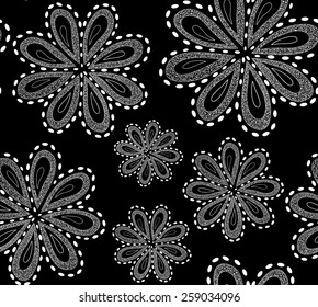 Beautiful black and white vector seamless pattern with ornamental figured flowers. Endless texture.