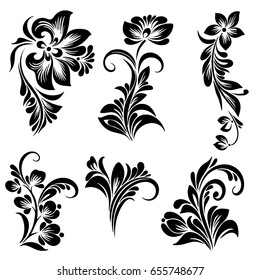 Beautiful black and white vector set of decorative isolated floral elements for design and tattoo in a folk style