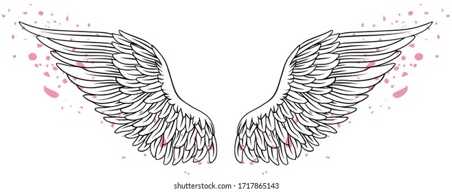 Beautiful black and white wings with pink petals, hand drawn vector