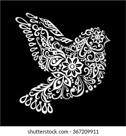 beautiful black and white Zentangle stylized dove. Vintage sketch for tattoo design or mehandi. greeting card and invitation of wedding, birthday, Valentine's Day, mother's day and seasonal holiday