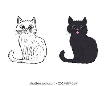 Gato negro hermoso de la bruja que se sienta con los ojos verdes grandes aislados en el fondo blanco. Dibujado a mano ilustración de boceto de Vector en estilo de arte de línea vintage grabado doodle. Feliz Halloween, truco o trato