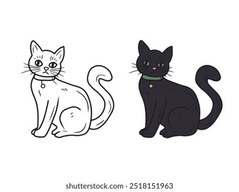 Gato negro hermoso de la bruja que se sienta con los ojos verdes grandes y el collar en el fondo blanco. Dibujado a mano ilustración de boceto de Vector en estilo de arte de línea vintage grabado doodle. Feliz Halloween, truco o trato.