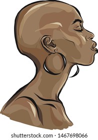 Beautiful Black Woman, African American. Female Profile, A Girl With A Bald Head And Eyes Closed. Long Eyelashes, Big Mouth, Large Earrings. Brown Tanned Skin. Isolated Vector.