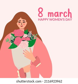 beautiful black woman or an African-American woman holds a bouquet of spring flowers in her hands. Vector concept of pastel colors for Mother's Day, Valentine's Day, Women's Day on March 8
