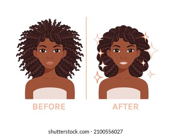Beautiful Black Woman with Bad and Damaged hair on Head. Afro Curls. Treatment and Hair Care. Before After. Haircut. Happy Girl with a Perfect Hairstyle. Color cartoon style. White background. Vector.