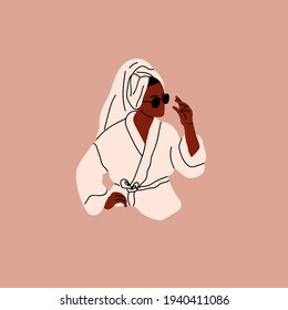 Beautiful black woman in bathrobe and turban. African american lady having beauty day on weekend. Spa, relaxation concept. Hand drawn Vector illustration. Cartoon style