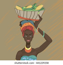  Beautiful black woman, bears a basket with vegetables, corn